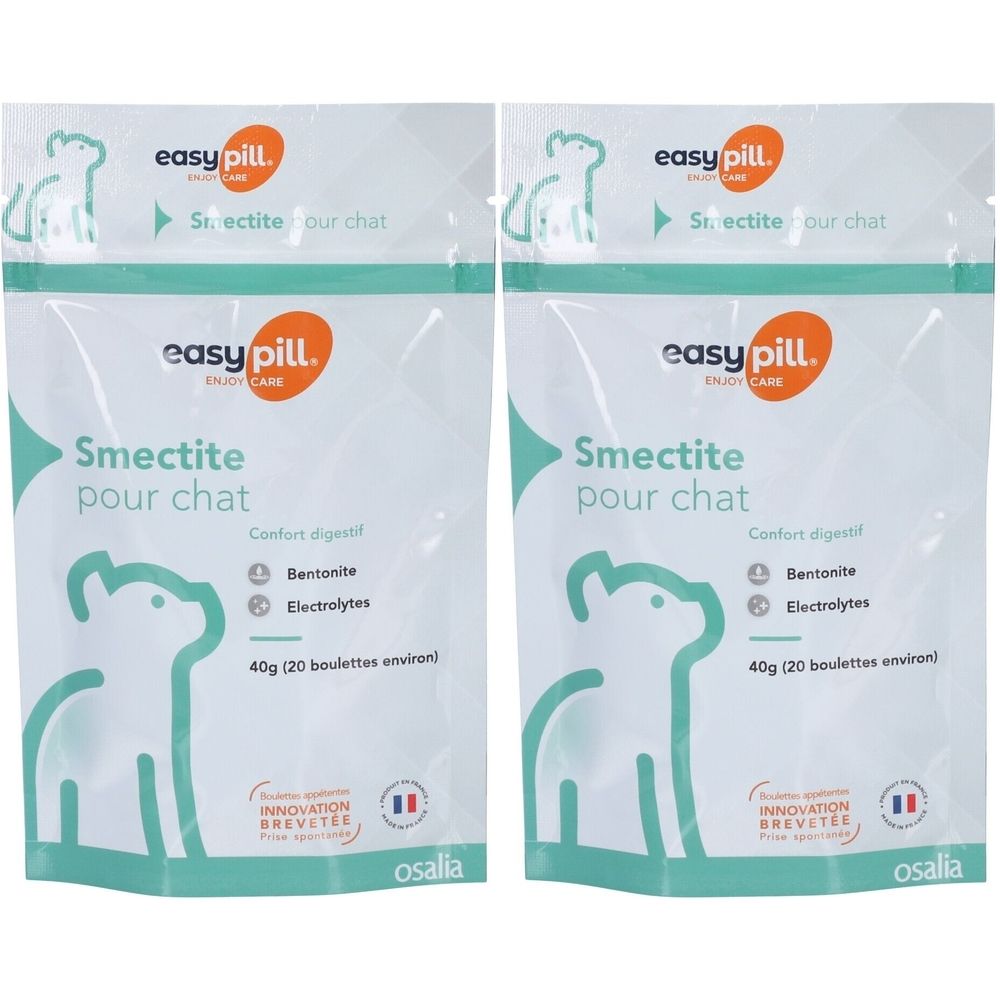 Deux sachets "Smectite pour chat" de la marque "easy pill". Contient bentonite et électrolytes. Drapeau français.