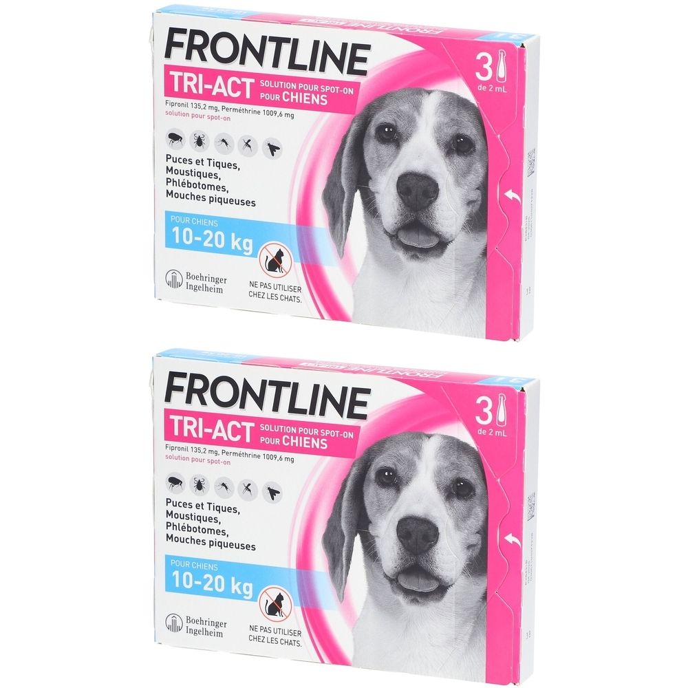 Deux boîtes FRONTLINE TRI-ACT pour chiens. Boîtes roses et blanches avec nom du produit, image de chien et informations de poids et d'utilisation.