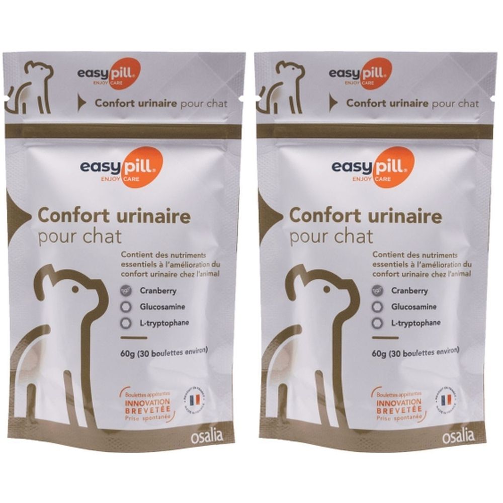 Deux sachets de produit pour chats. Inscription: easy pill, Confort urinaire pour chat. Contient Cranberry, Glucosamine, L-tryptophane.