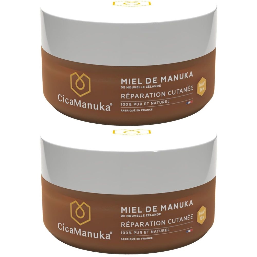Deux pots bruns avec couvercles blancs. Inscription: CicaManuka, MIEL DE MANUKA, RÉPARATION CUTANÉE, 100% PUR ET NATUREL.