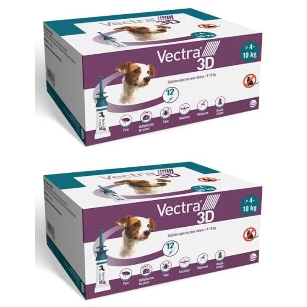 Deux boîtes de VECTRA 3D. Image d'un chien, 12, >4-10 kg. Solution antiparasitaire. Violet, blanc et bleu.
