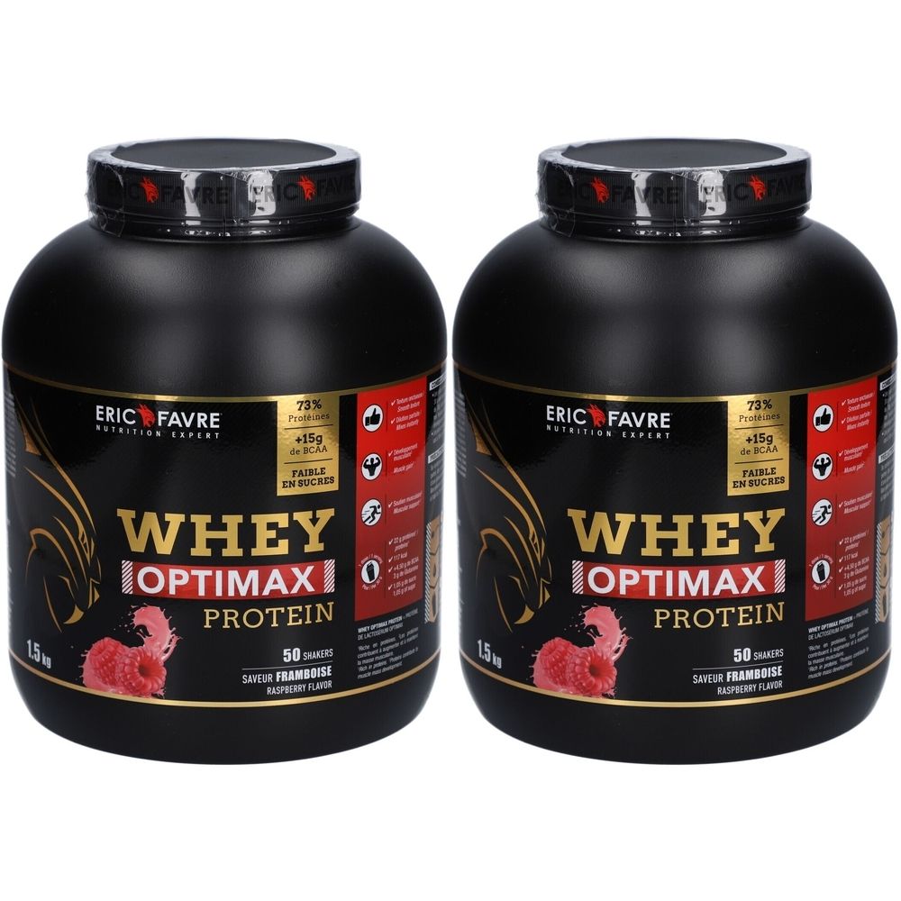 Deux boîtes noires de protéine ERIC FAVRE Whey Optimax. Inscription: Whey Optimax Protein, 50 portions, saveur framboise.