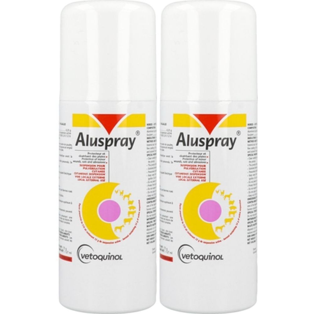 Deux aérosols blancs avec le logo Aluspray et Vetoquinol. Design jaune et rouge avec du texte.