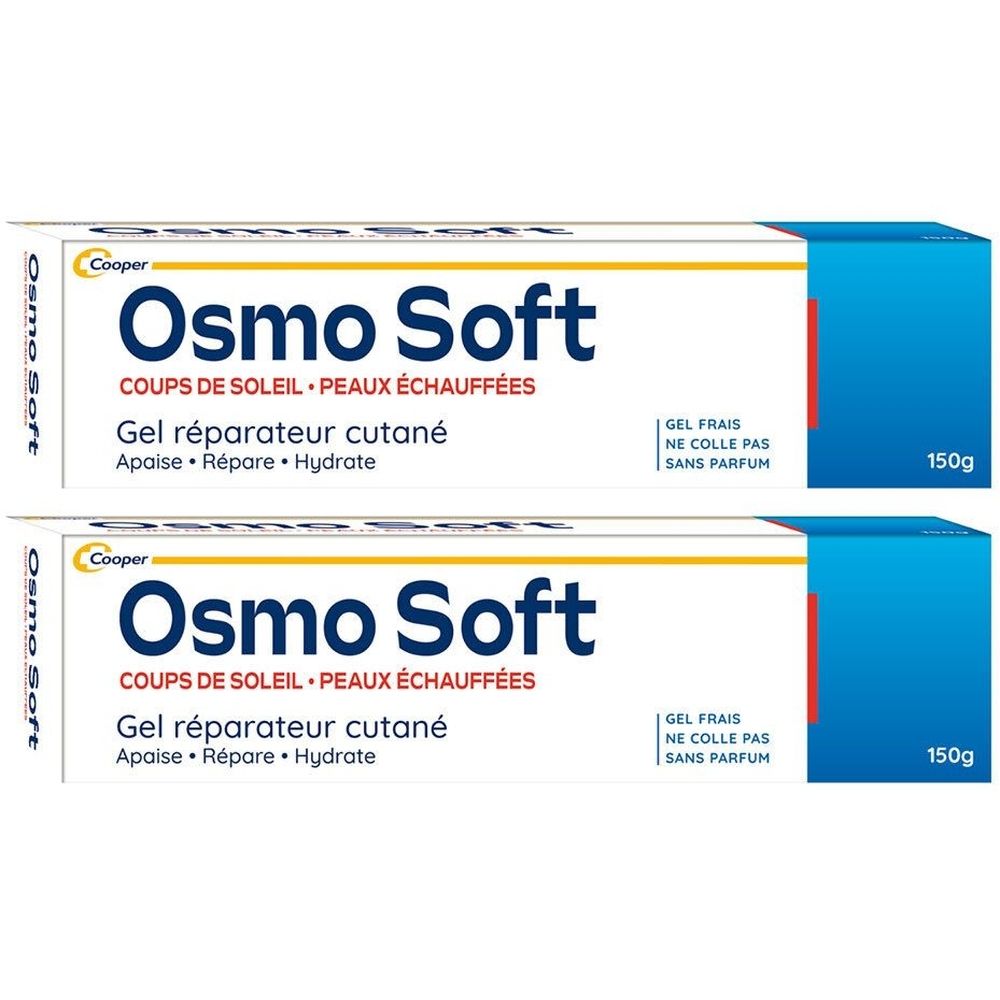 Deux tubes de Osmo Soft. Tubes blancs avec texte bleu et extrémité bleue. Texte: Coups de Soleil, Peaux échauffées, 150g.