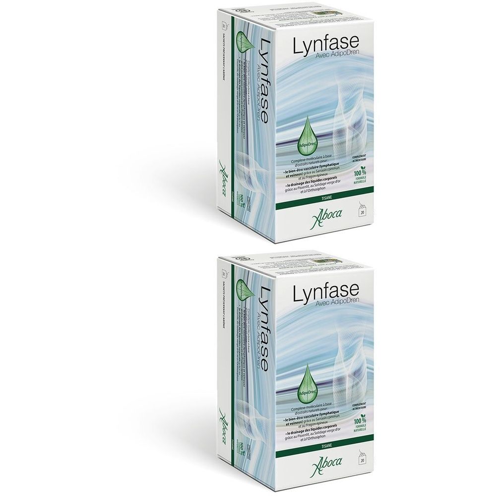 Deux boîtes "Lynfase". Emballage vert et blanc avec symbole de goutte. Logo Aboca.