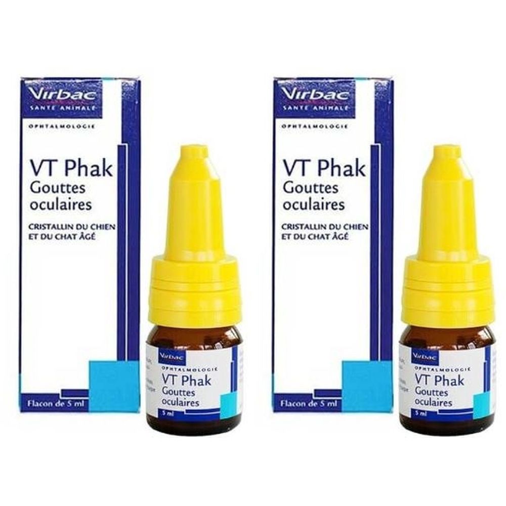 Deux flacons avec compte-gouttes jaunes et emballages. Inscription: VT Phak, Gouttes oculaires, Flacon de 5 ml.