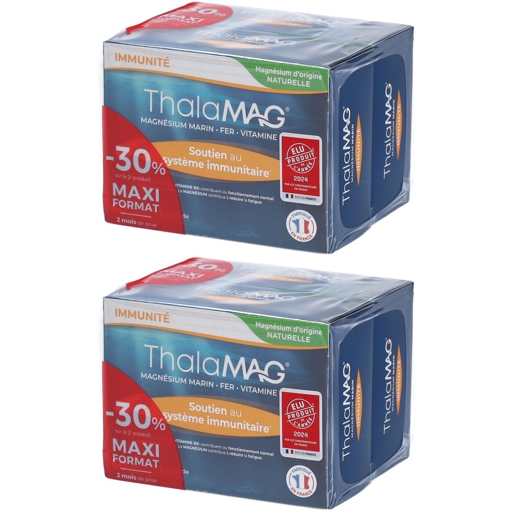 Deux boîtes de ThalaMAG. Emballage bleu et blanc avec nom et informations sur le produit. Contient le label produit UE.