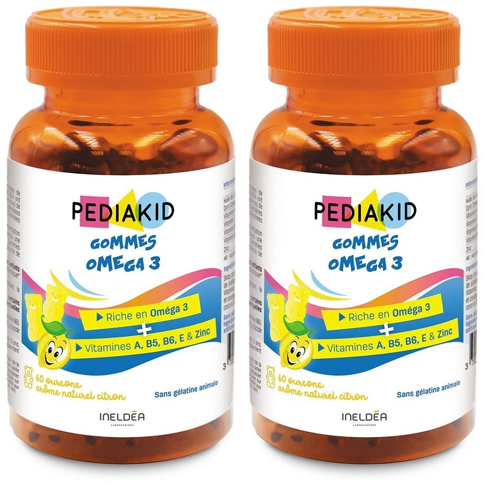 Deux flacons de PEDIAKID GOMMES OMEGA 3. Bouchons orange, contenants transparents avec gommes. Étiquettes avec informations produit.