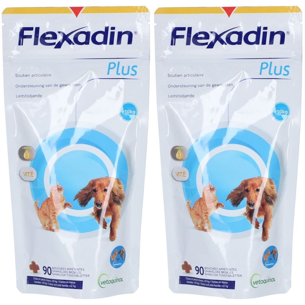 Deux sachets Flexadin Plus. Inscriptions: Flexadin, Plus, <10kg, 90 comprimés, Vetoquinol. Illustration: chien et chat.