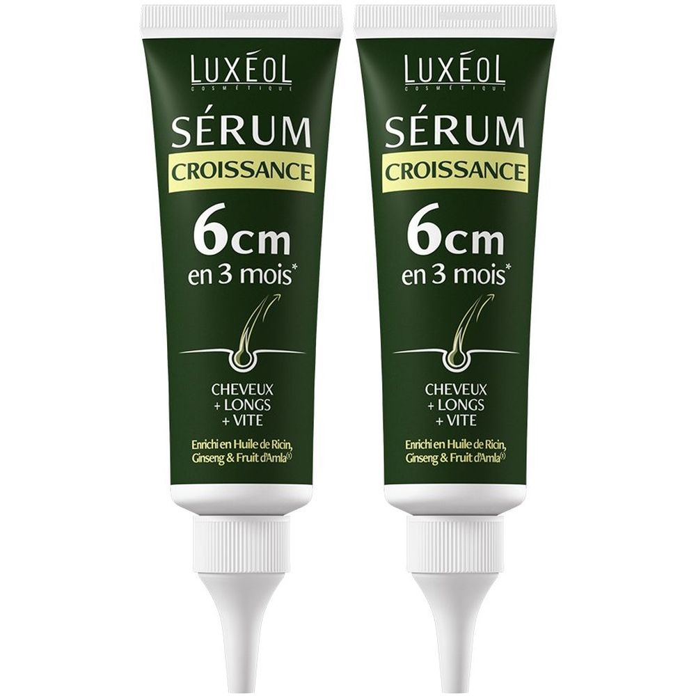 Deux tubes de Sérum Croissance LUXÉOL. Tubes vert foncé avec texte blanc. Contient des informations sur les soins capillaires.