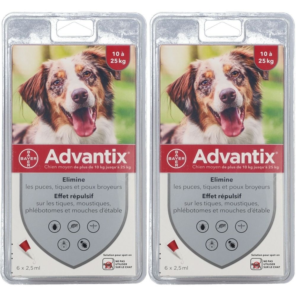 Deux blisters Advantix pour chiens. Inscription : 10-25 kg. Contient 6 x 2,5 ml. Élimine puces, tiques, moustiques.