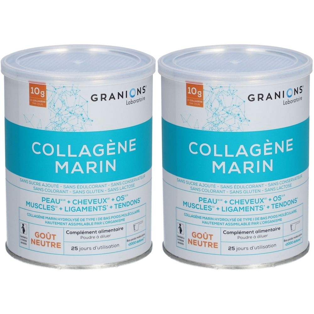 Deux boîtes de "COLLAGÈNE MARIN". Inscription "10g" et "GOÛT NEUTRE". Complément alimentaire en poudre.