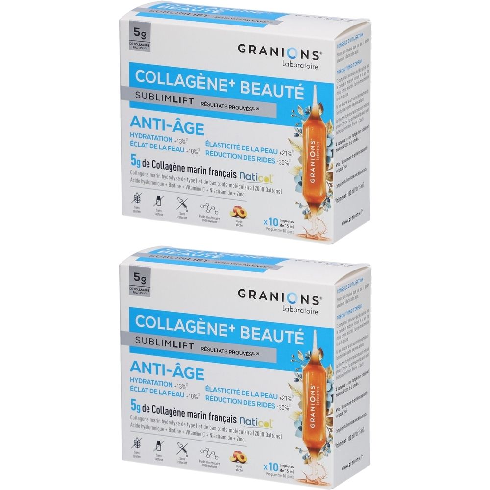 Deux boîtes de GRANIONS Collagène + Beauté Sublimlift. Inscription: Anti-Âge, 5g Collagène marin français. Contient 10 ampoules.