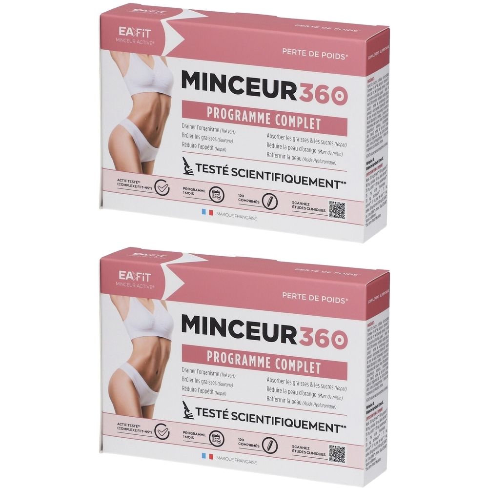 Deux boîtes de "MINCEUR 360 PROGRAMME COMPLET". Inscription "TESTÉ SCIENTIFIQUEMENT". Marque EA FIT.