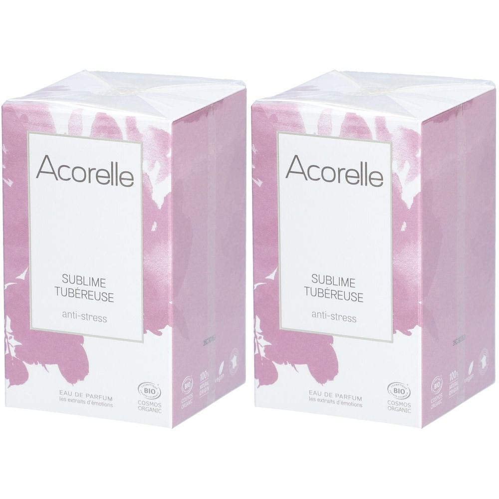 Deux boîtes rectangulaires Acorelle. Inscription: Sublime Tubéreuse, anti-stress. Certification bio. Fond rose avec motifs floraux.