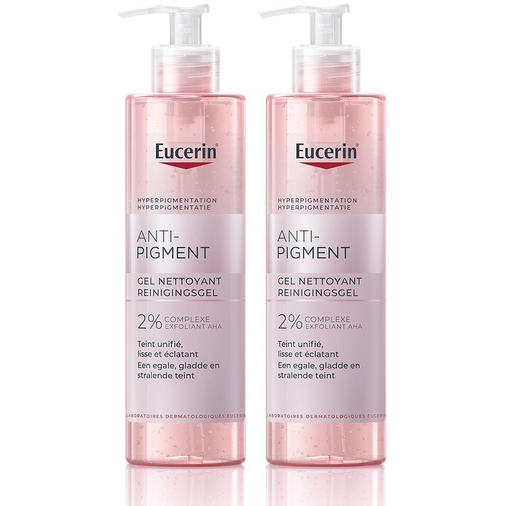 Deux flacons de gel nettoyant Eucerin Anti-Pigment. Liquide rose dans des flacons transparents avec pompe blanche. Texte : Anti-Pigment, 2% AHA.