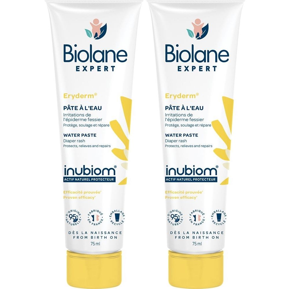 Deux tubes de crème Biolane Expert Eryderm Pâte à l'Eau. Inscriptions en français et anglais. Emballage blanc et jaune.