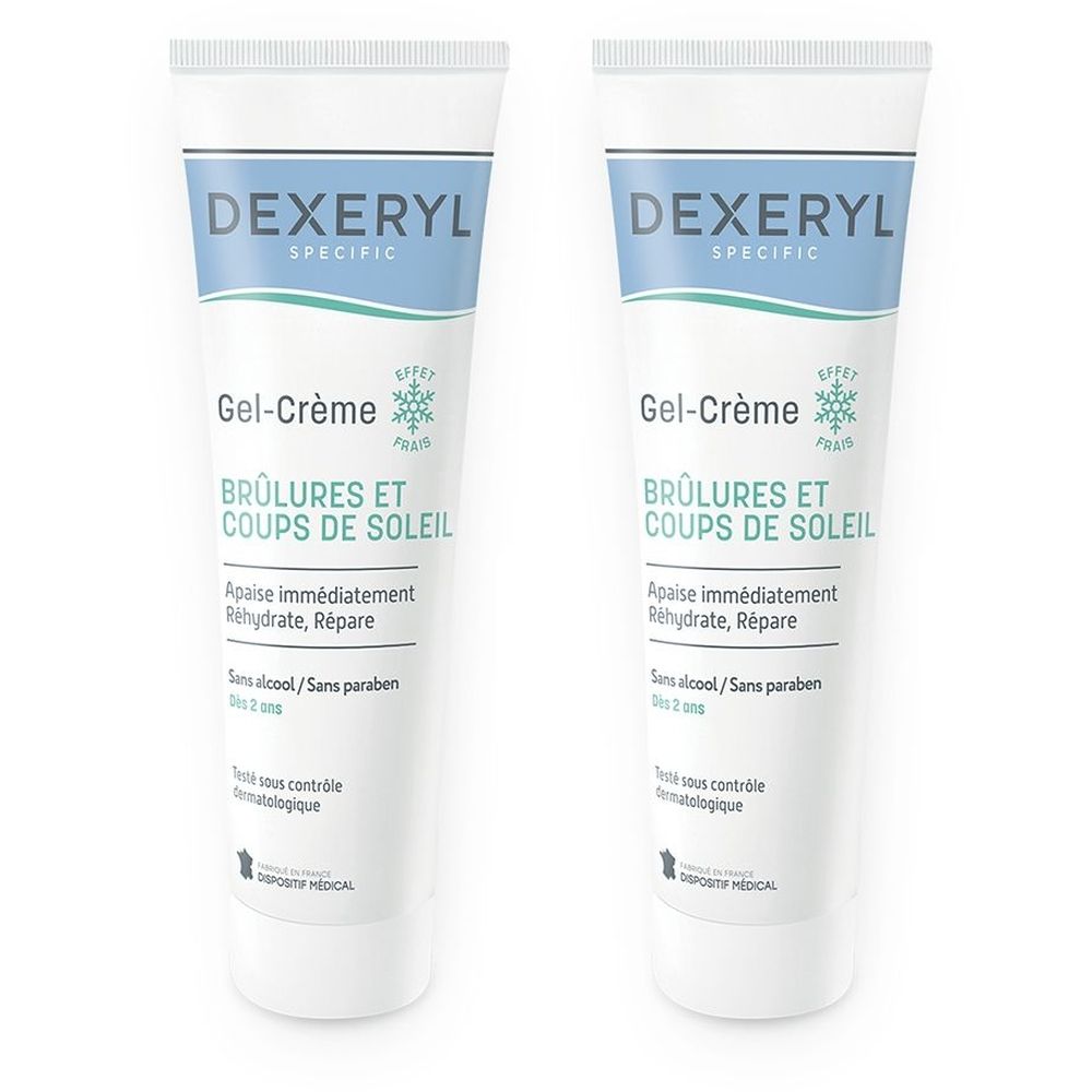 Deux tubes de gel-crème DEXERYL SPECIFIC pour brûlures et coups de soleil. Apaise, réhydrate, répare. Dispositif médical.