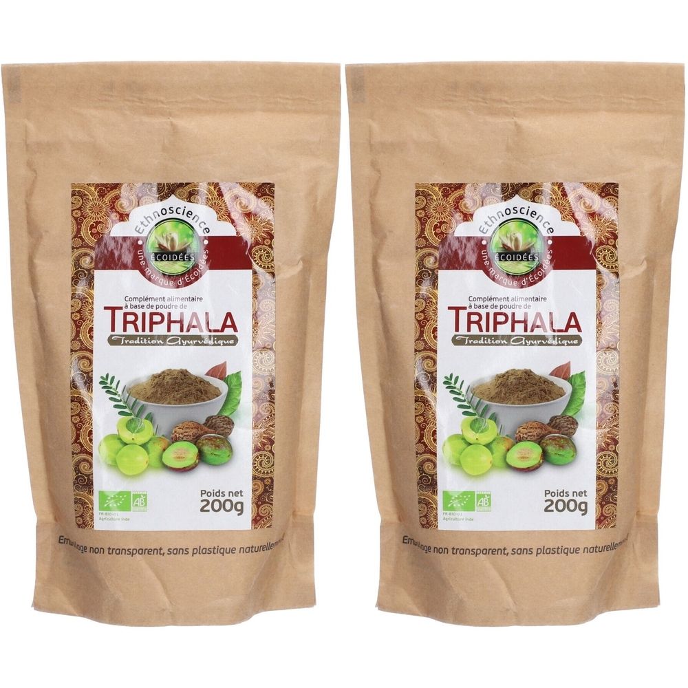 Deux sachets de poudre TRIPHALA Ethnoscience. Emballage marron avec étiquette imprimée. Ingrédients et logo vert.