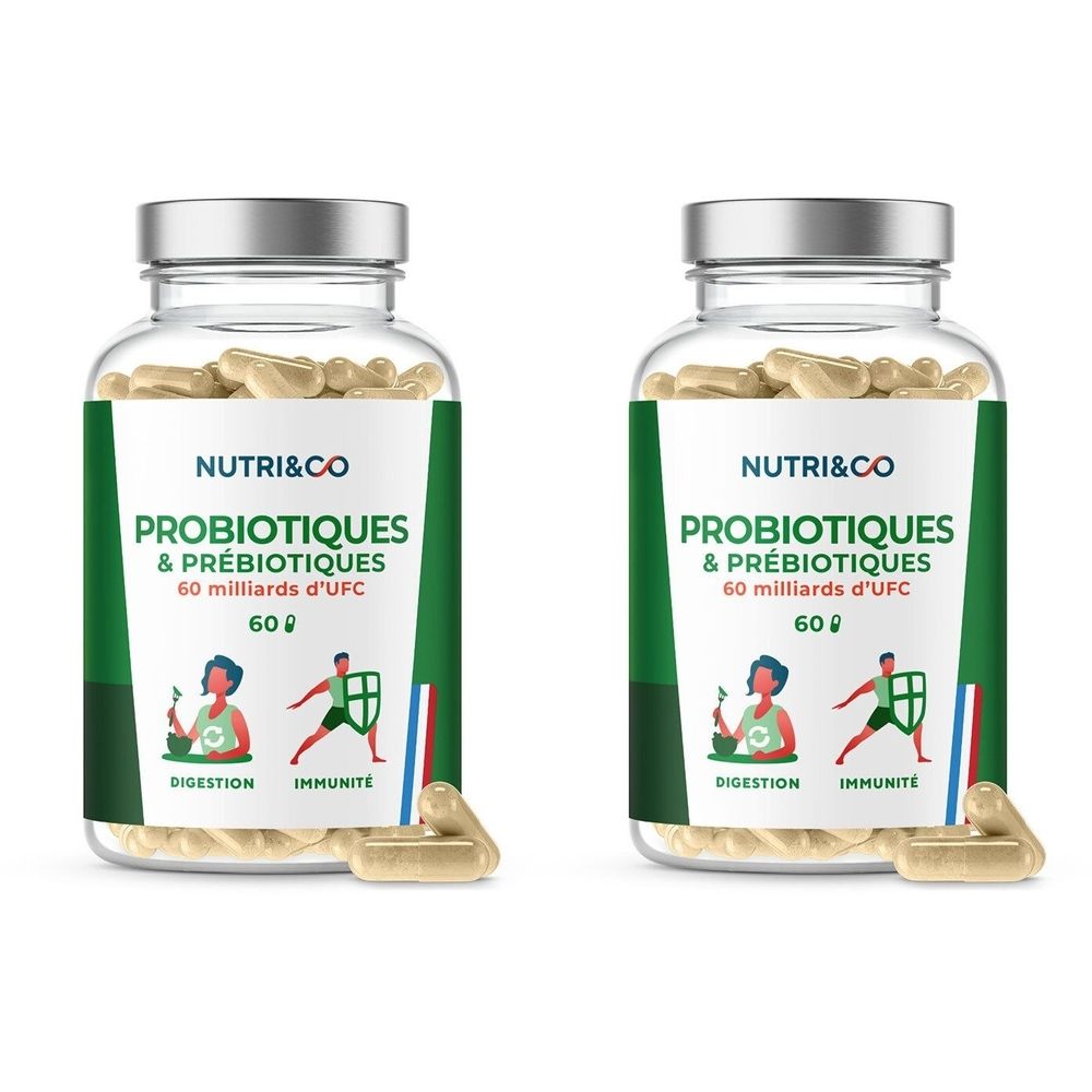 Deux flacons en verre de gélules. Étiquettes NUTRI&CO, PROBIOTIQUES & PRÉBIOTIQUES, 60 milliards UFC. Illustrations digestion et immunité.
