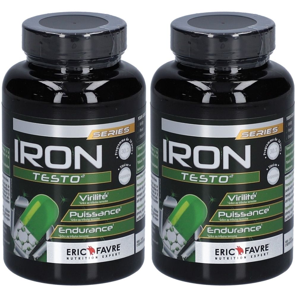 Deux flacons noirs avec le nom IRON TESTO. Inscriptions: Virilité, Puissance, Endurance. Marque: ERIC FAVRE.