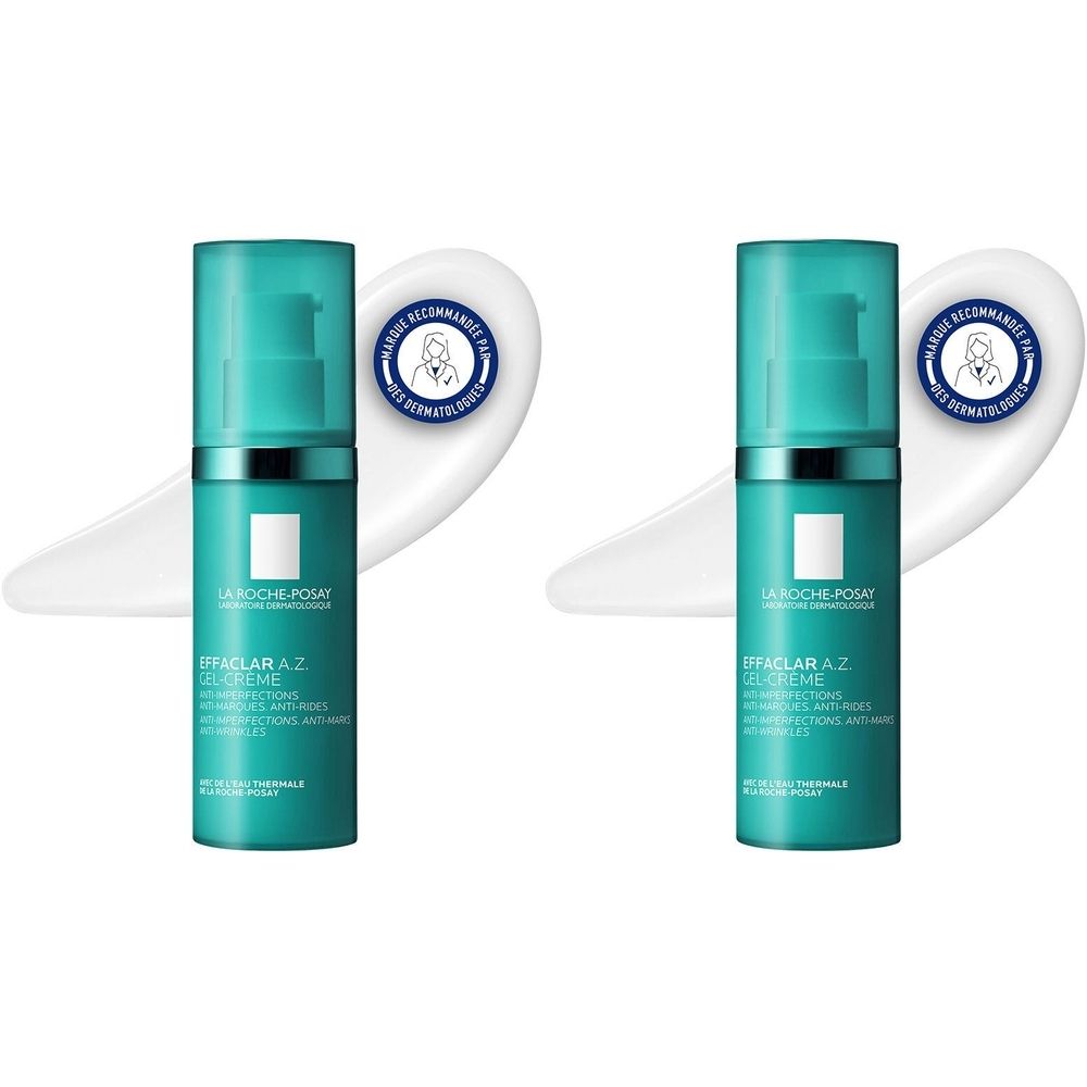 Deux flacons de LA ROCHE-POSAY Effaclar A.Z. Gel-crème. Flacons turquoise avec pompe et goutte blanche. Inscription Effaclar A.Z.