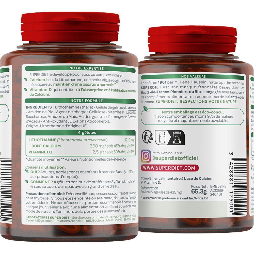 Vue arrière de deux flacons SUPERDIET Calcium + Vitamine D3 avec informations détaillées.
