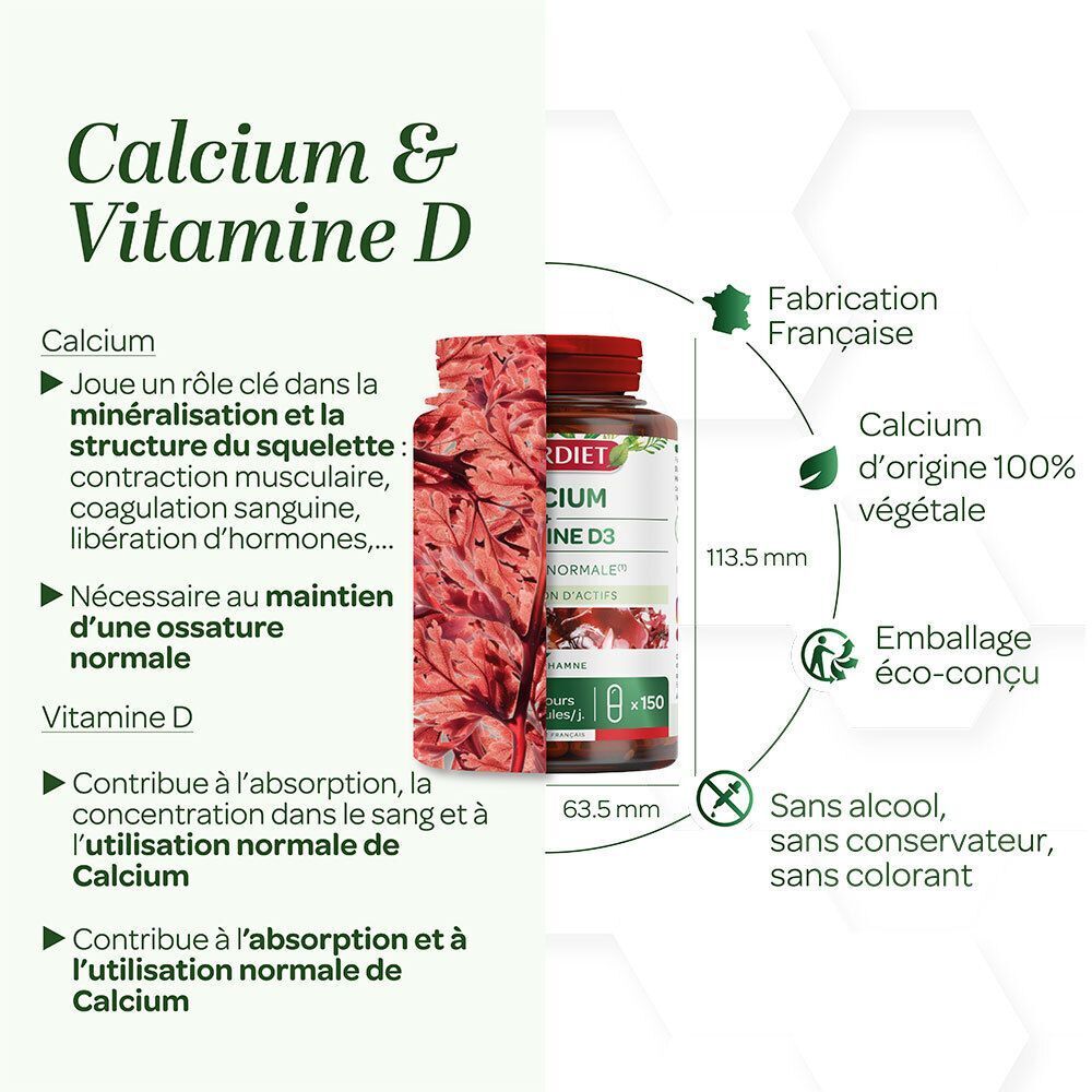 Flacon SUPERDIET Calcium + Vitamine D3 avec dimensions et informations sur la fabrication française.