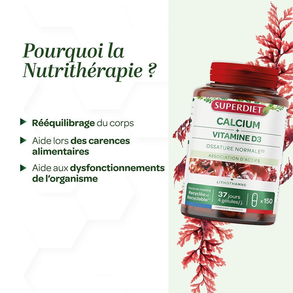 Flacon SUPERDIET Calcium + Vitamine D3 entouré de coraux, avec texte sur la Nutrithérapie.