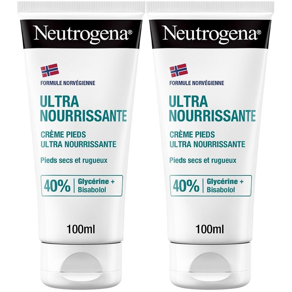 Deux tubes de crème pour les pieds. Inscription : Neutrogena, Ultra Nourrissante, Crème Pieds, 40%, 100ml.