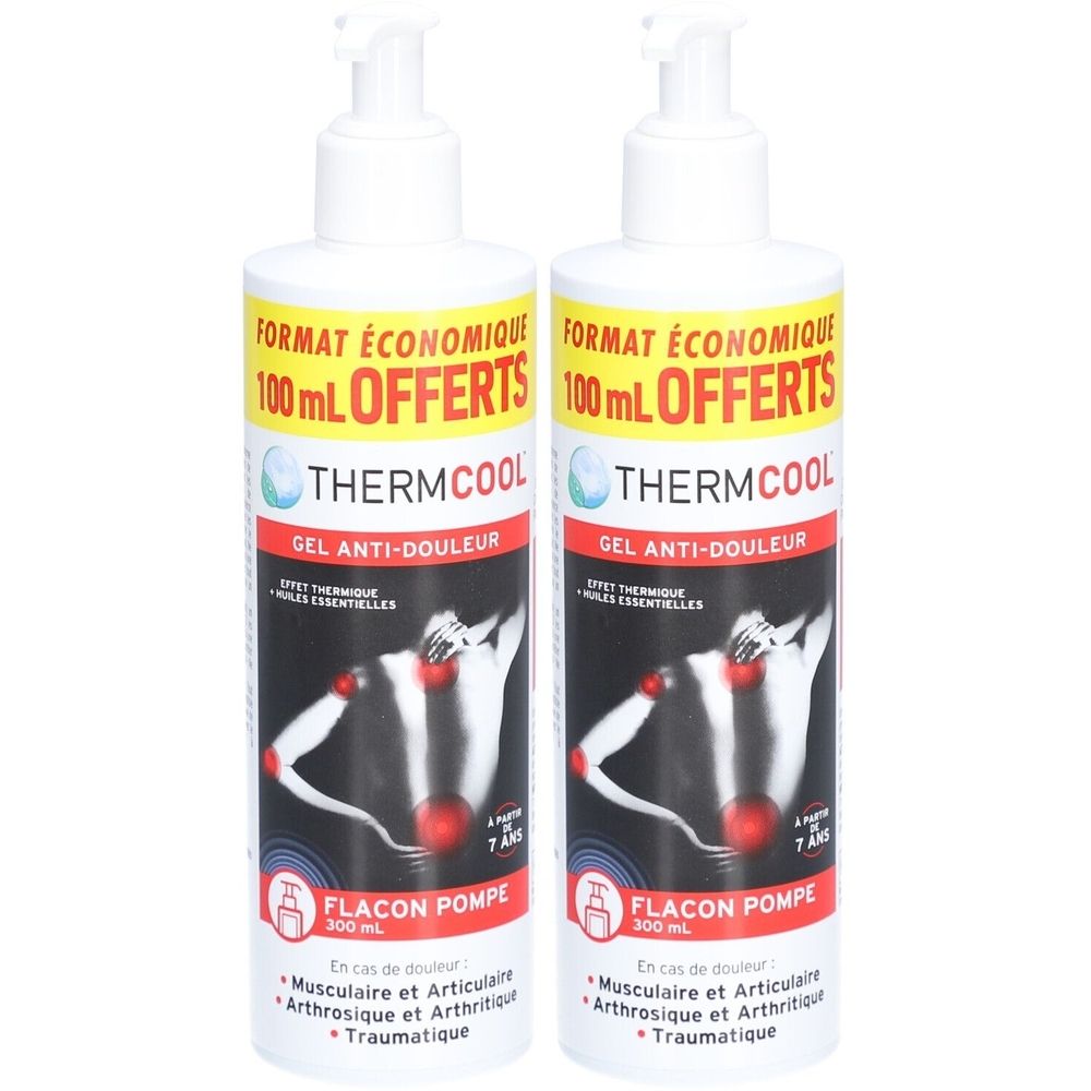 Deux flacons blancs avec pompe. Inscription THERMCOOL, GEL ANTI-DOULEUR. Format économique, 100 ml OFFERTS. Illustration squelette humain.