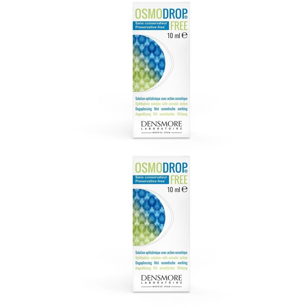 Deux boîtes blanches avec OSMODROP FREE. Éléments graphiques bleus et verts. Texte multilingue. 10 ml.