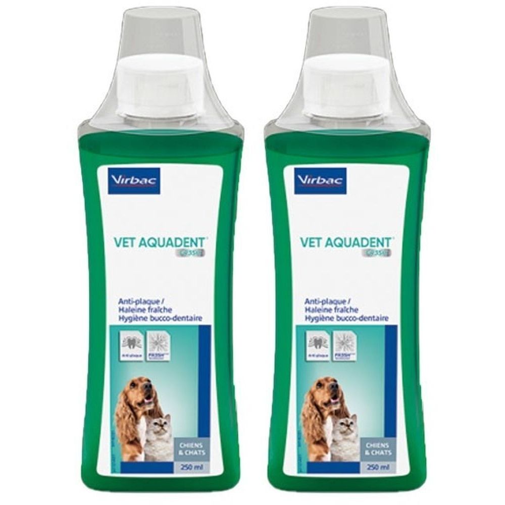 Deux flacons verts avec bouchon blanc. Inscription: Virbac, VET AQUADENT, Anti-plaque, haleine fraîche, hygiène bucco-dentaire. Image chien et chat.