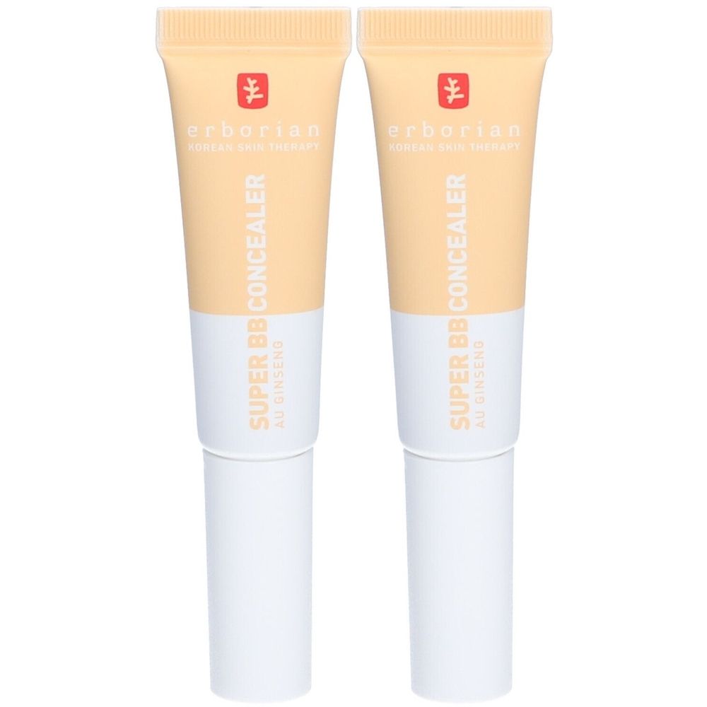 Deux tubes de correcteur. Tubes beiges avec base blanche. Inscription : Erborian, Super BB Concealer.