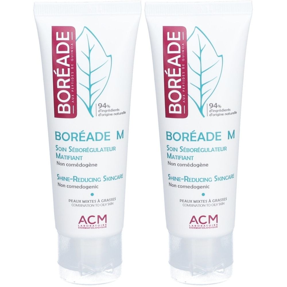 Deux tubes de Boreade M. Blanc, avec des accents roses et verts. Texte: Boreade, M, Soin Séborégulateur Matifiant, Shine-Reducing Skincare.