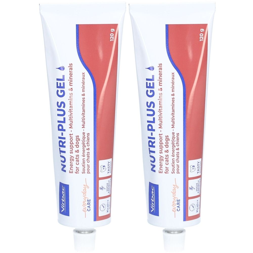 Deux tubes de gel Nutri-Plus de Virbac. Inscription : Soutien énergétique, multivitamines et minéraux pour chats et chiens. 120 g.