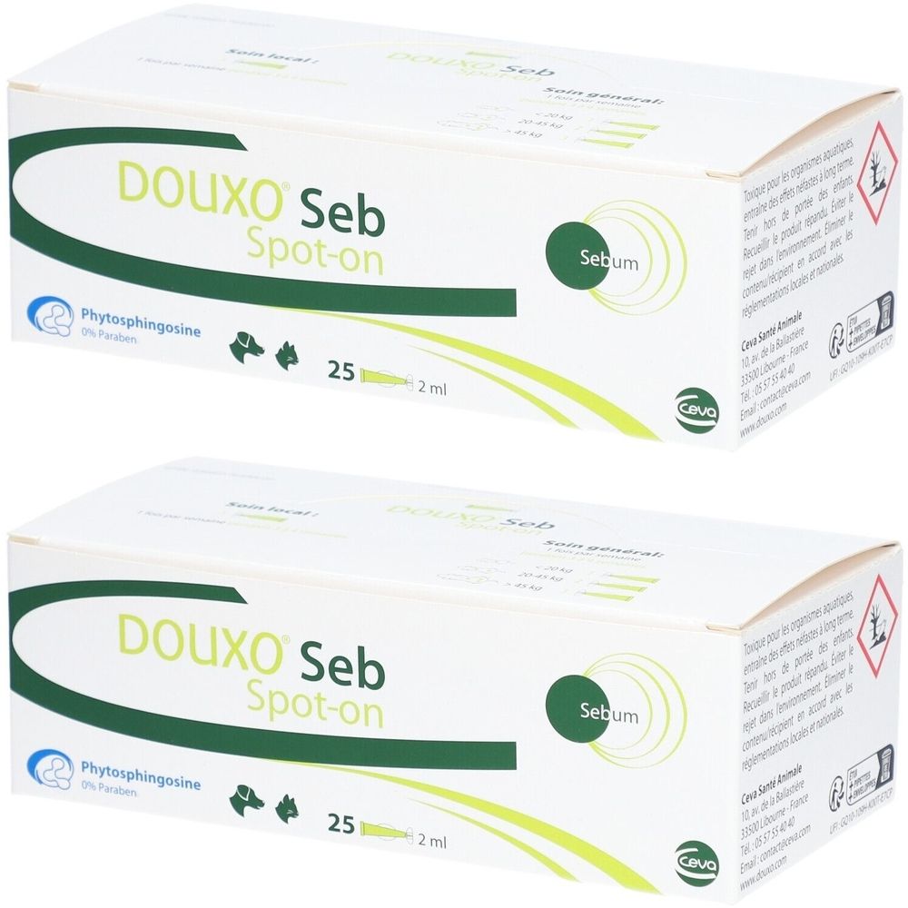 Deux boîtes blanches avec des accents verts. Inscription: DOUXO Seb Spot-on. Contient 25 applicateurs. Logo: Ceva.