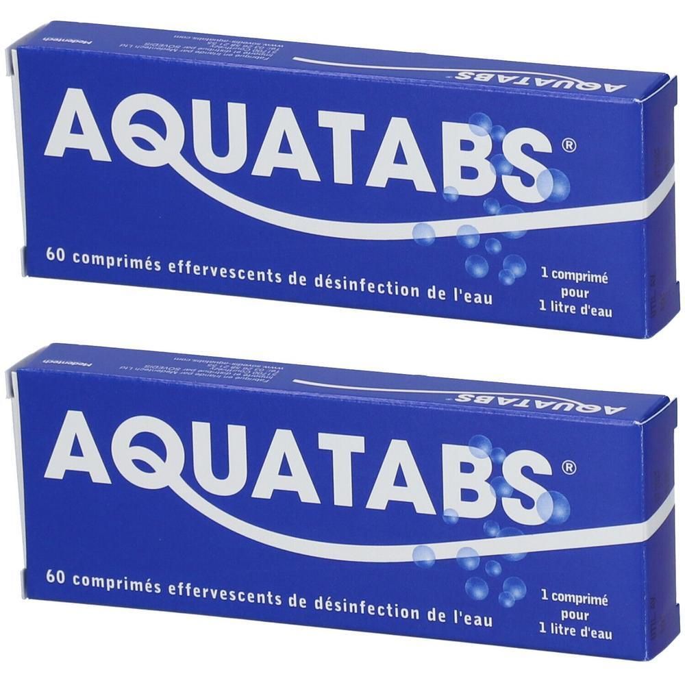 Deux boîtes d'Aquatabs, comprimés effervescents pour la désinfection de l'eau.