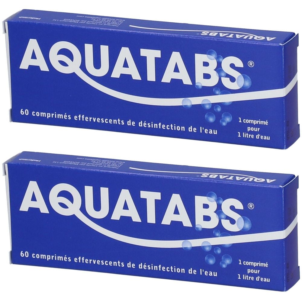 Deux boîtes bleues avec le nom AQUATABS. Chaque boîte indique "60 comprimés effervescents de désinfection de l'eau" et "1 comprimé pour 1 litre d'eau".