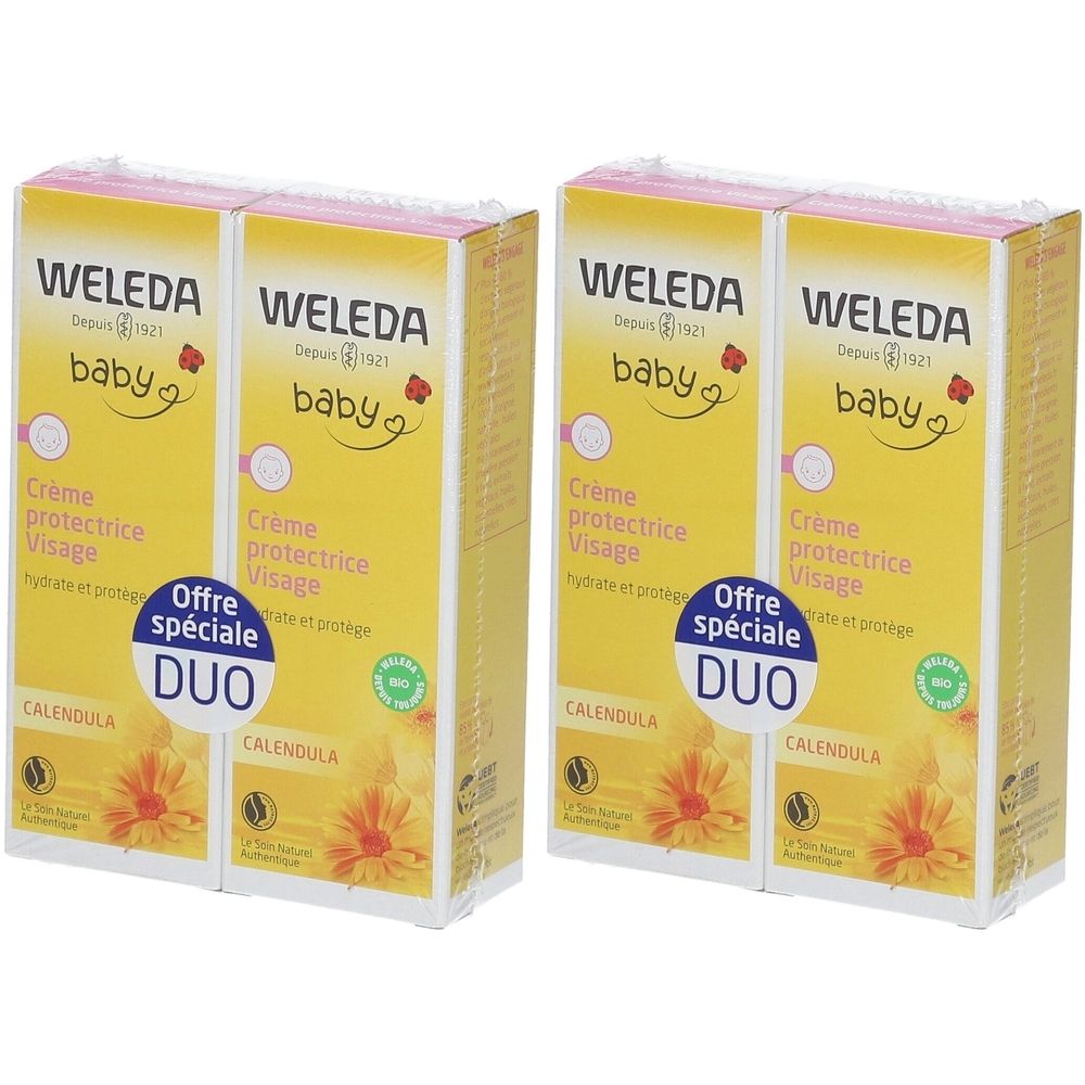 Deux boîtes de crème visage pour bébé. Emballage jaune avec nom et logo du produit. Offre Duo.