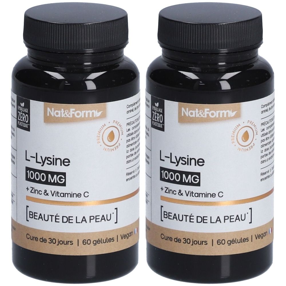 Deux flacons noirs. Inscription : L-Lysine 1000 MG + Zinc & Vitamine C. Texte : Beauté de la Peau. 60 gélules, vegan.
