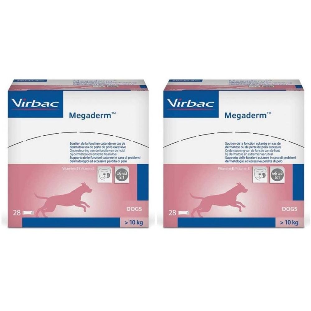Deux boîtes Virbac Megaderm. Emballage rose et blanc avec silhouette de chien. Texte en plusieurs langues.