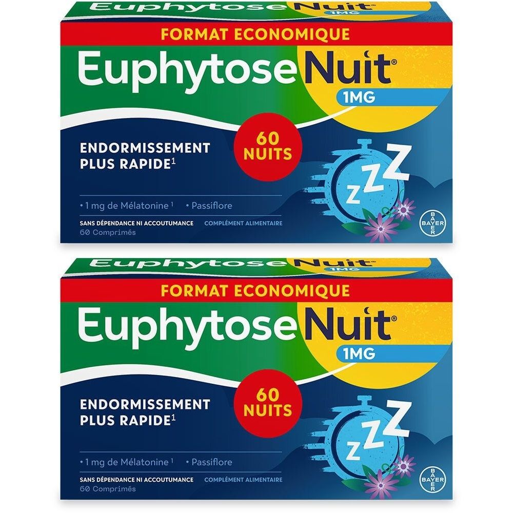 Deux boîtes de Euphytose Nuit. Inscription : 1MG, 60 Nuits, Endormissement plus rapide. Contient de la mélatonine et de la passiflore. Logo Bayer.