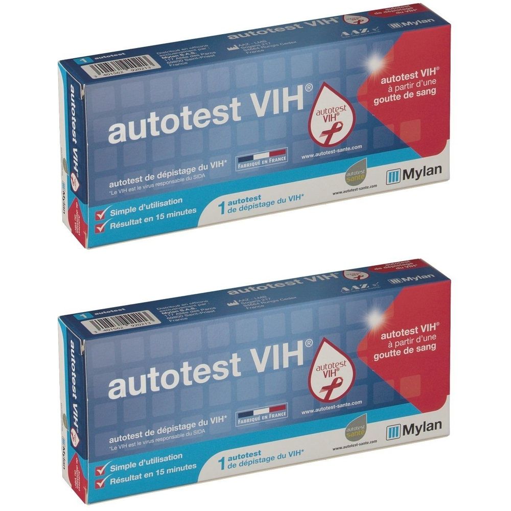 Deux boîtes d'autotest VIH. Inscriptions : "autotest VIH", "autotest de dépistage du VIH", "Simple d'utilisation", "Résultat en 10 minutes".