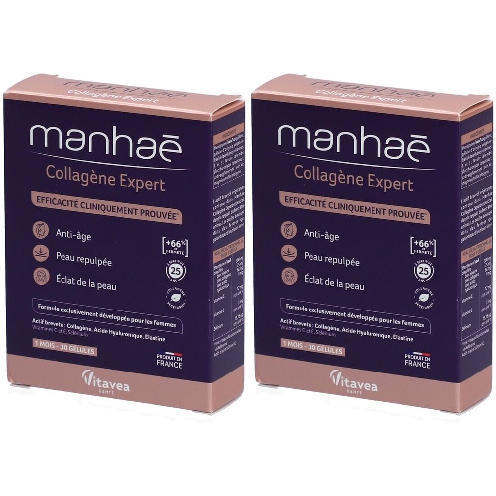 Deux boîtes de Manhaé Collagène Expert. Inscriptions : Anti-âge, Peau repulpée, Éclat de la peau. Marque Vitavea. Fabriqué en France.