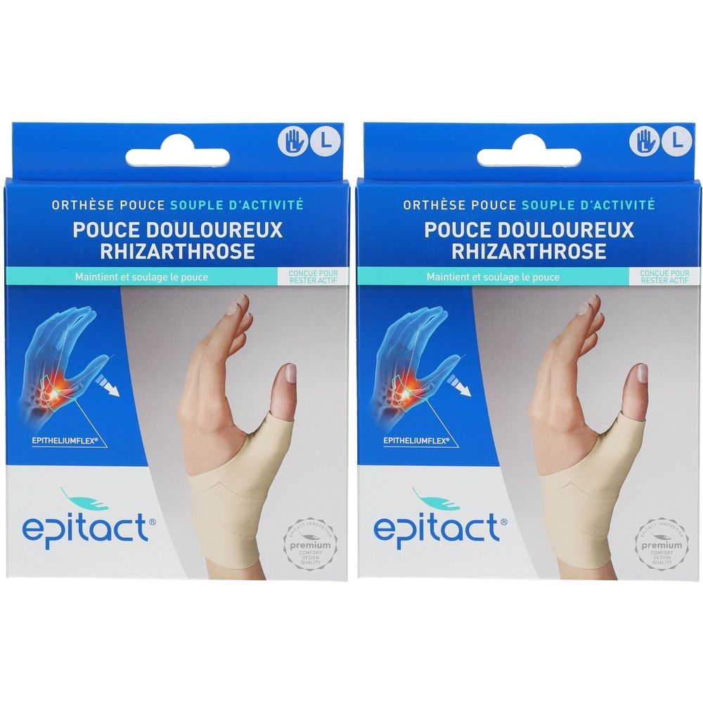 Deux boîtes d'orthèses pour le pouce. Emballage bleu avec nom du produit et image d'une main avec orthèse. Marque : epitact.