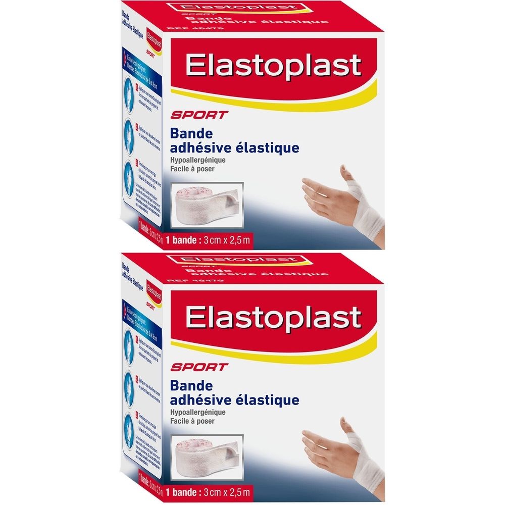 Deux boîtes de bandage Elastoplast Sport. Inscription: Bande adhésive élastique, 3cm x 2,5m. Une main bandée est illustrée.