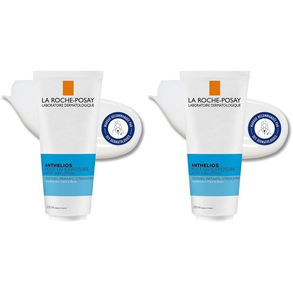 Deux tubes de LA ROCHE-POSAY Anthelios Post-UV Exposure Lait après-soleil. Tubes blancs avec design bleu et orange. Testé dermatologiquement.