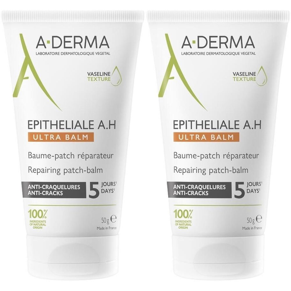 Deux tubes de A-DERMA Epitheliale A.H. Ultra Balm. Tubes blancs avec texte et logo vert. Texte: Baume-patch réparateur, Repairing patch-balm.