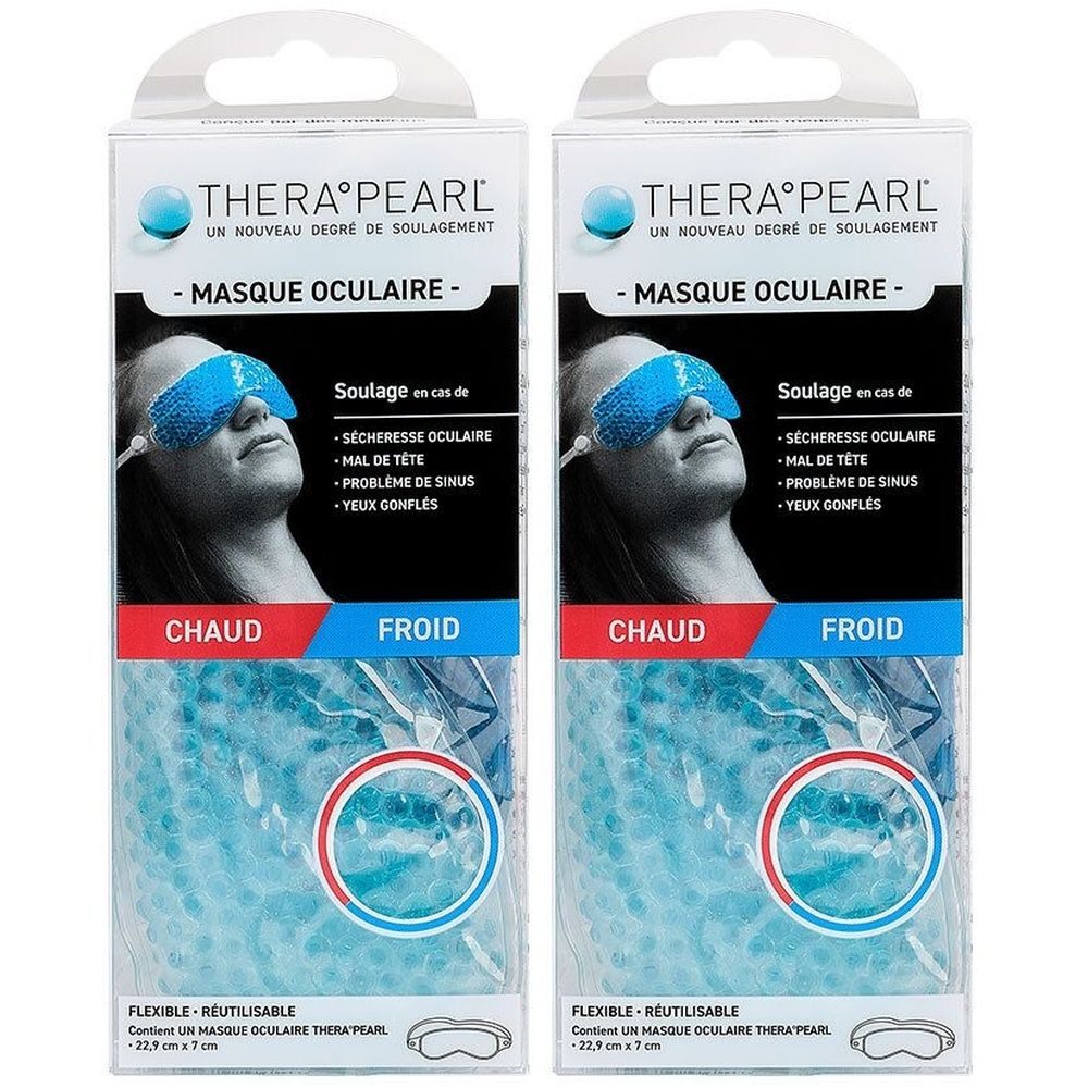 Deux emballages de masque oculaire Therapearl. Masque bleu sur l'image. Texte: "MASQUE OCULAIRE".